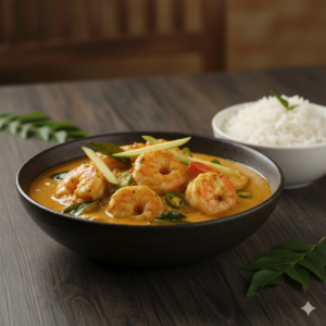 Diced king prawns with shallots, green chillies and curry leaves