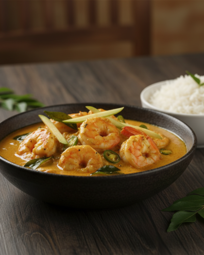 Diced king prawns with shallots, green chillies and curry leaves