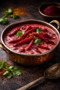 Sweet beetroot strips cooked in a creamy coconut sauce, infused with aromatic Ceylon spices and fresh herbs