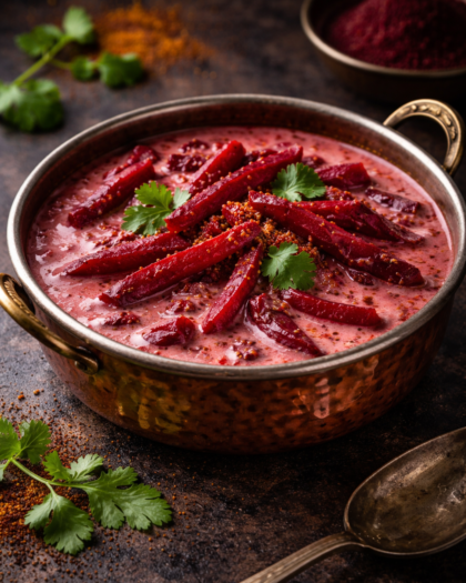 Sweet beetroot strips cooked in a creamy coconut sauce, infused with aromatic Ceylon spices and fresh herbs