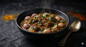 Home-made mutton curry cooked with sliced garlic and shallots, popular from Jaffna cuisine