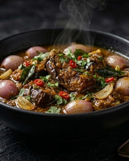 Home-made mutton curry cooked with sliced garlic and shallots, popular from Jaffna cuisine