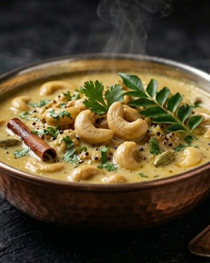 Tender, buttery cashew nuts simmered in a creamy coconut base, seasoned with aromatic Ceylon spices and fresh herbs, creating a rich and satisfying dish