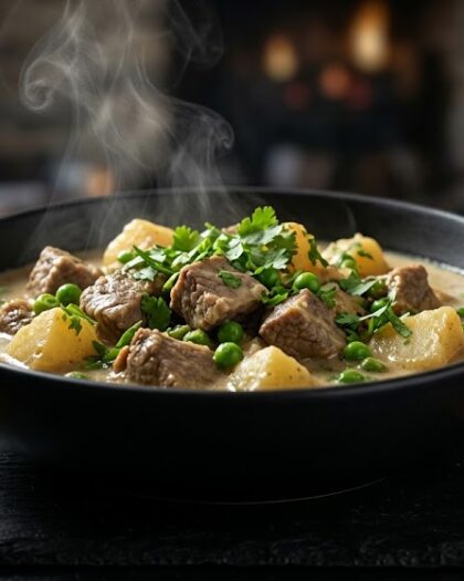 Mild spice with coconut sauce, and added on with coriander, potatoes and peas
