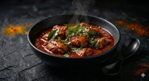 A popular home style red chicken curry cooked with mustard seeds and ramoe leaves