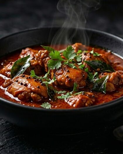 A popular home style red chicken curry cooked with mustard seeds and ramoe leaves
