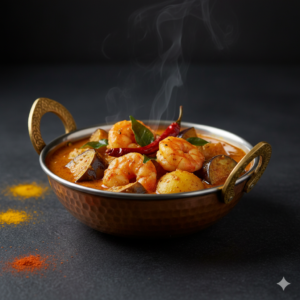 Prawn cooked with ground coconut, Ceylon spices new potato and aubergine