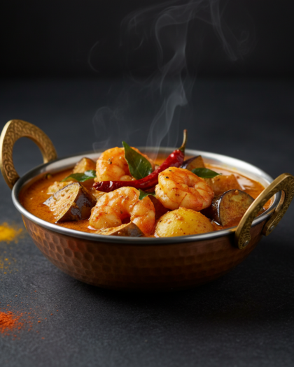 Prawn cooked with ground coconut, Ceylon spices new potato and aubergine
