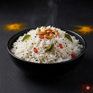 Rice tempered with mustard seeds, red chilli, curry leaves and garnished with cashew nuts