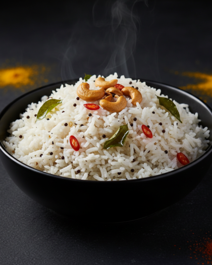 Rice tempered with mustard seeds, red chilli, curry leaves and garnished with cashew nuts