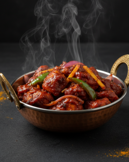 Marinated chicken with pepper, red onion, garlic, ginger and a sweet and spicy sauce