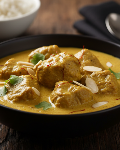 Lamb cooked with a creamy nutty suace with almonds and saffron